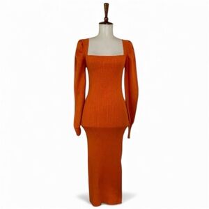 House of Harlow 1960 Knit Dress Women’s XS Orange Ribbed Long Sleeve Sheath
